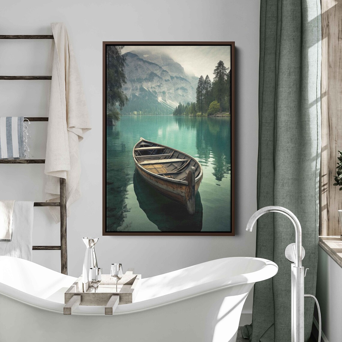 Rustic Boat On Lake Wall Art Print Peaceful Nature Flowing River Olden Canoe Mountain Range Ready To Hang