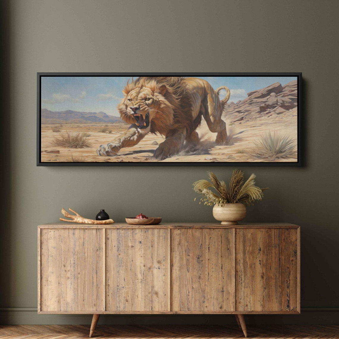 Ferocious Lion Running Through Desert Landscape Wildlife Art Print - Image 3