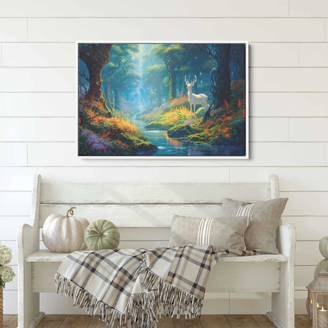 Mystical White Stag Magical Forest Stream Waterfall Fantasy Art Poster - Image 2