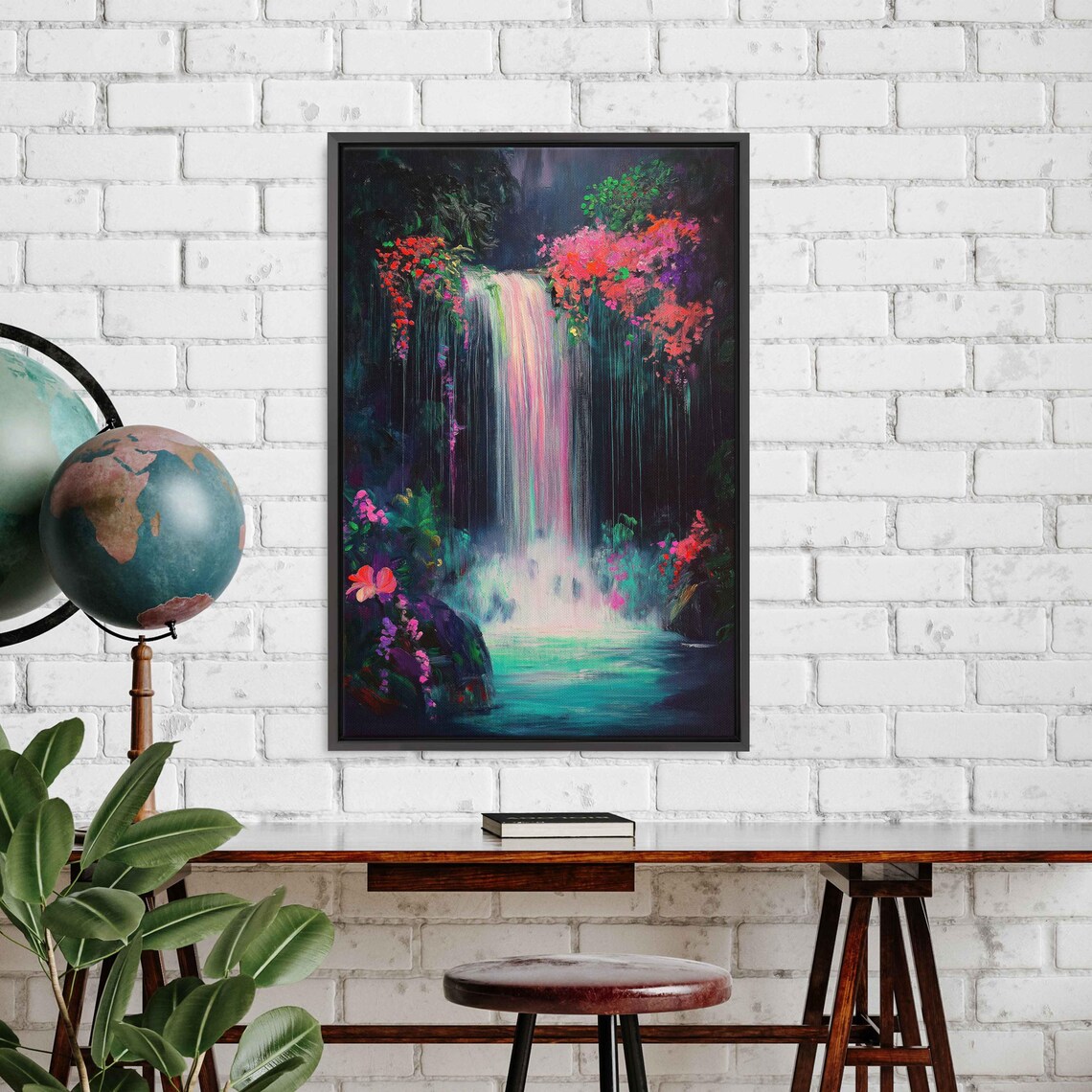 Glowing Neon Waterfall With Pink Flowers And Teal Pool Art Poster