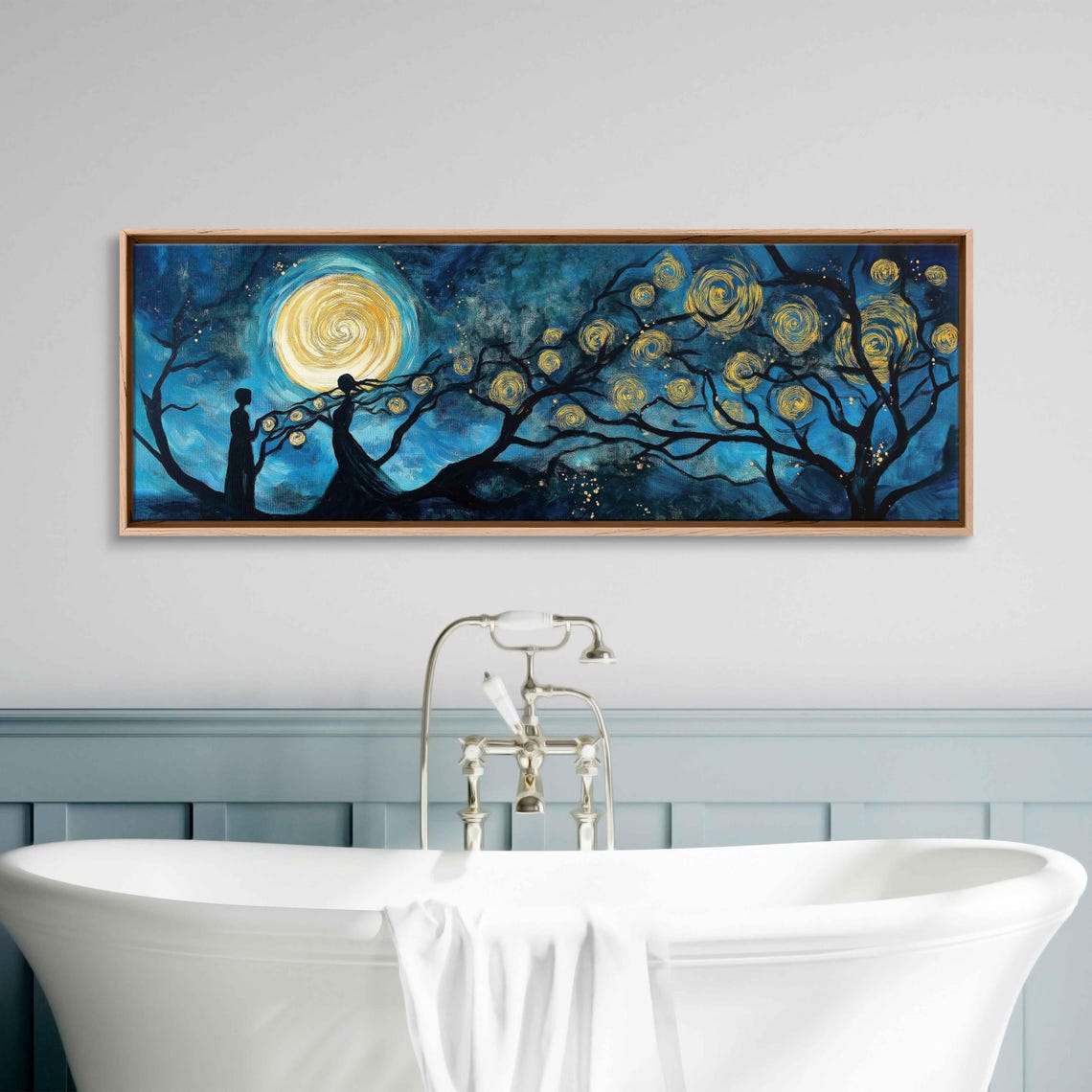 Mystical Night Sky Wall Art Print Swirling Stars Celestial Figures Golden Spirals