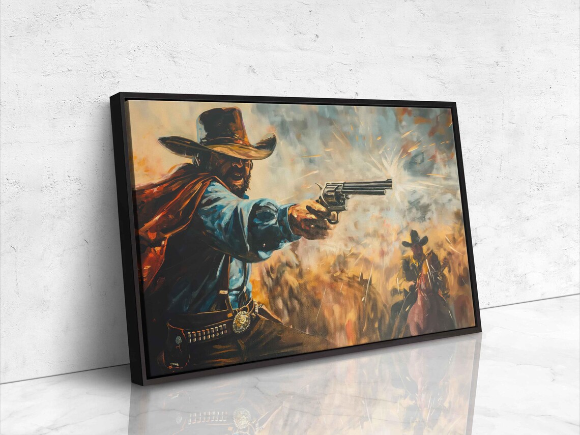 Vintage Cowboy Firing Revolver In Western Showdown Oil Painting Poster - Image 4