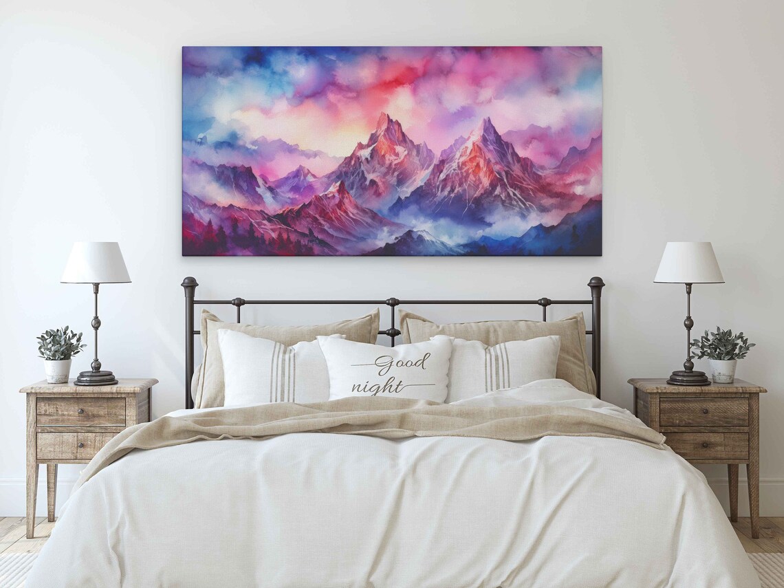 Red Blue Abstract Mountain Peaks Stormy Watercolor Art Poster - Image 2