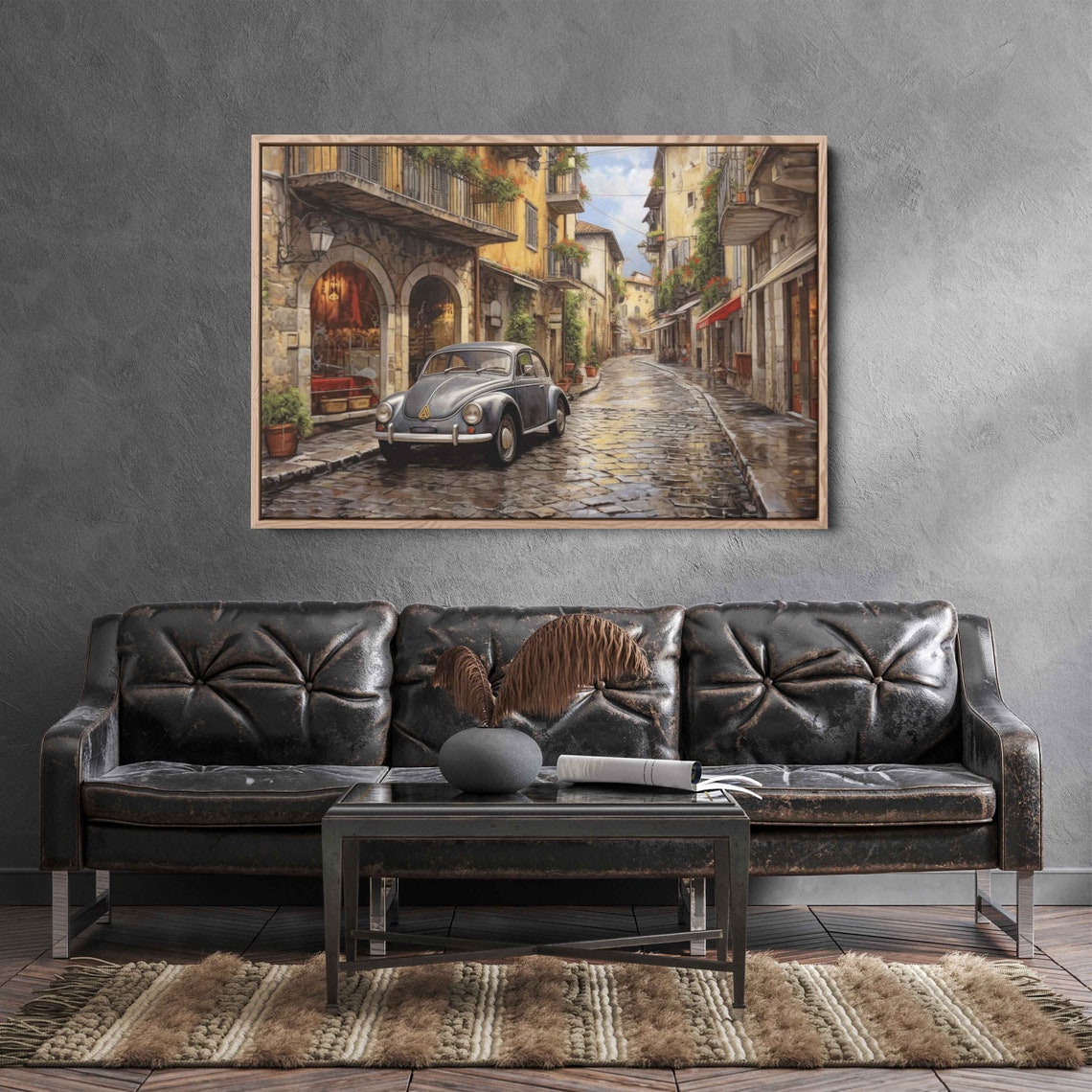 Vintage Blue Volkswagen Beetle Italian Cobblestone Street Poster - Image 3