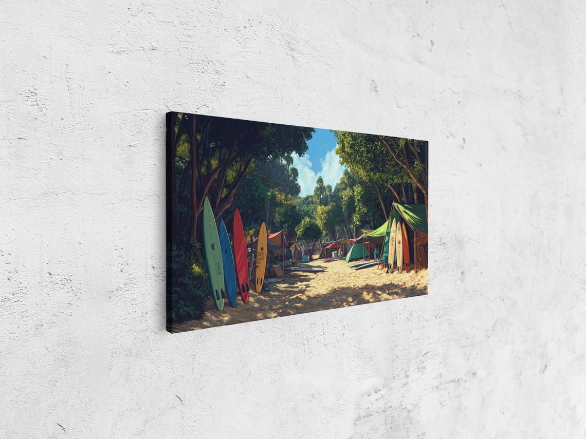 Surf Camp Colorful Longboards Tents Sandy Grove Beach Life Art Poster - Image 4