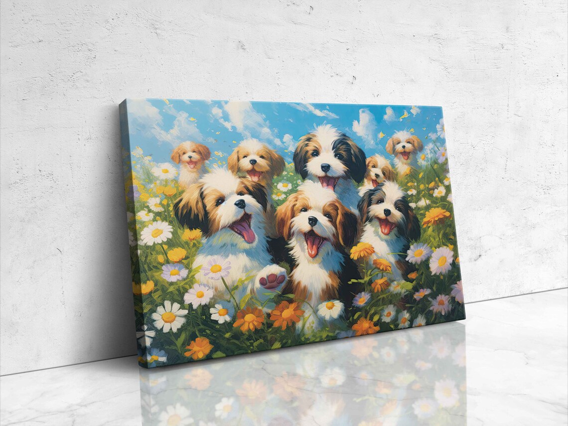 Pack Of Cute Happy Dogs In A Field Of Wildflowers Painting Framed Print Ready To Hang Happy And Uplifting Art - Image 4