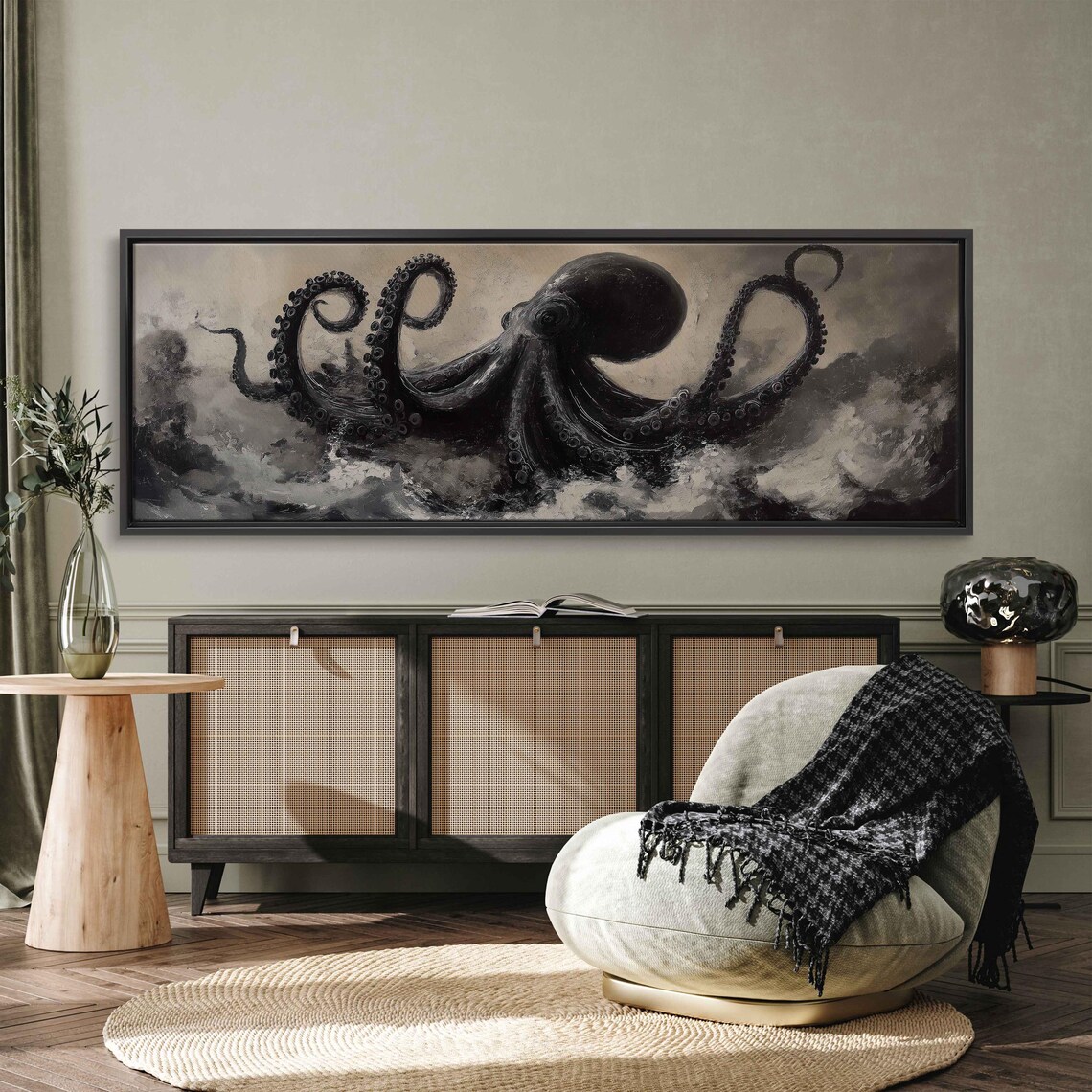 Giant Octopus Reaching From The Sea Wall Art Print Dramatic Waves Moody Grays Inky Blacks - Image 3