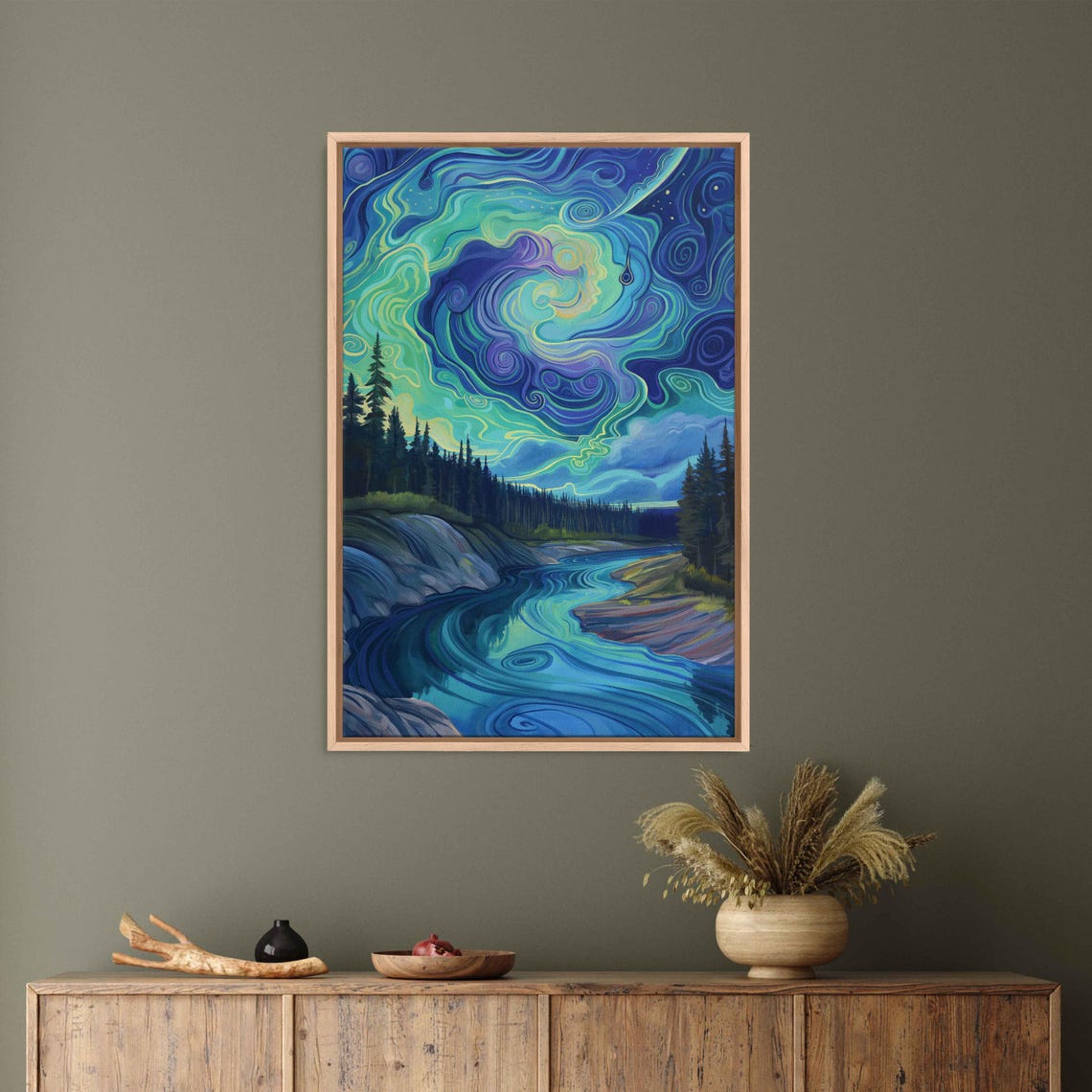 Swirling Green Aurora Over Winding River And Pine Forest Night Poster