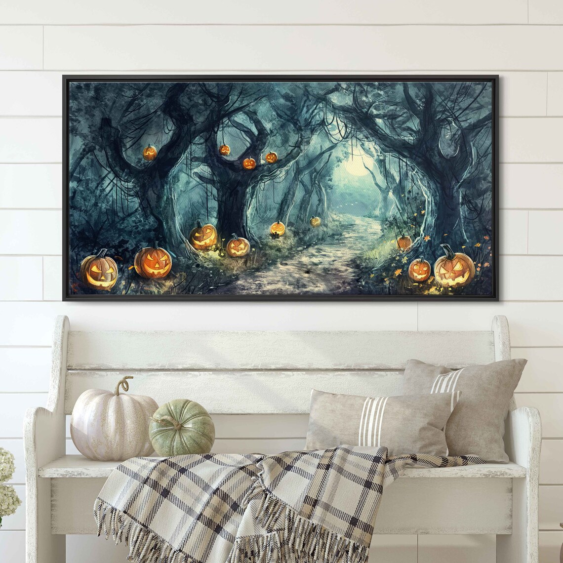 Spooky Moonlit Forest Jack O Lanterns Winding Night Trail Halloween Print - Image 3