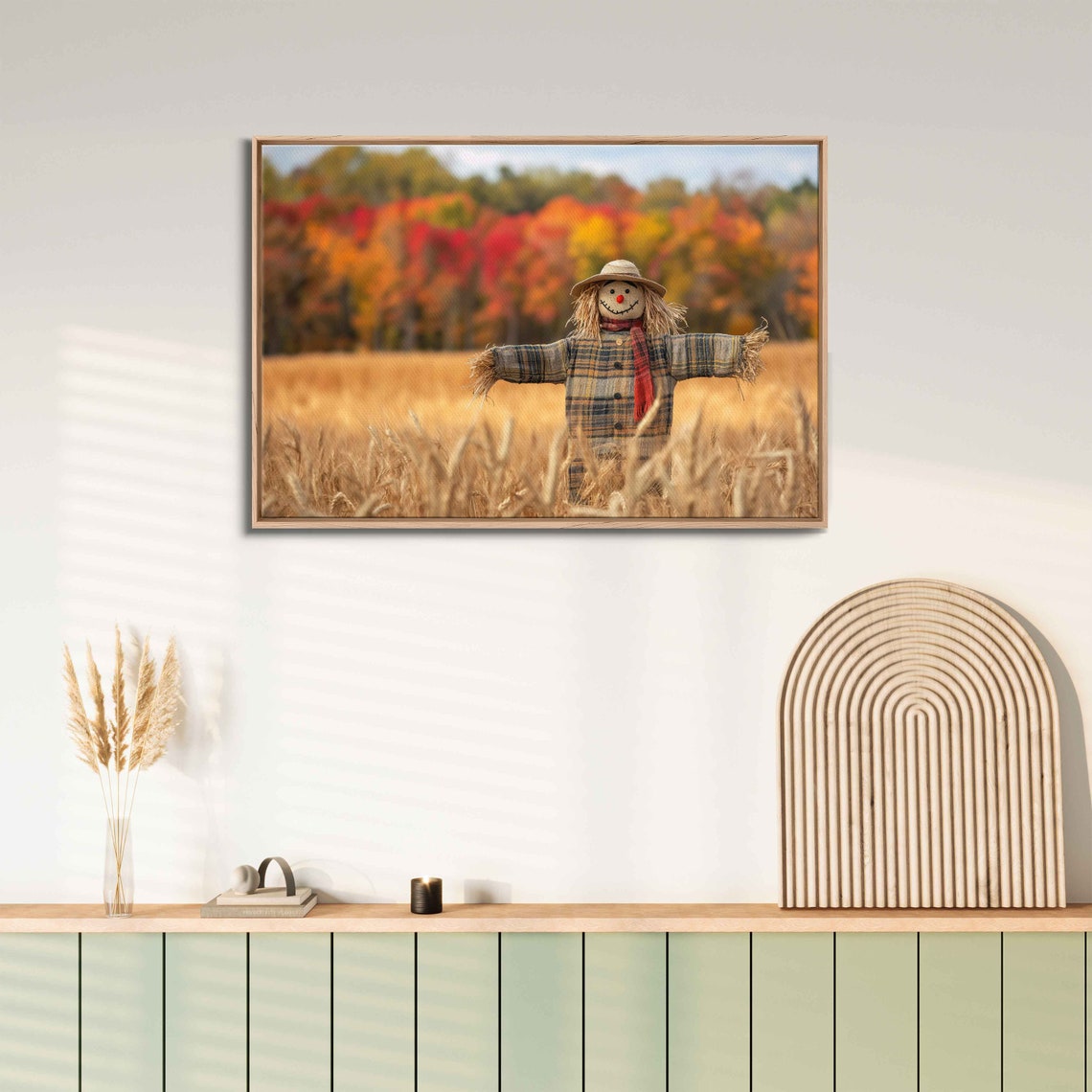 Scarecrow In Wheat Field With Fall Foliage Backdrop Art Poster