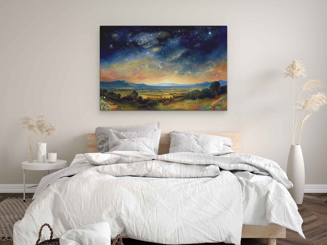 Starry Night Sky Over Valley Warm Vintage Tones Countryside Landscape Art Poster - Image 3