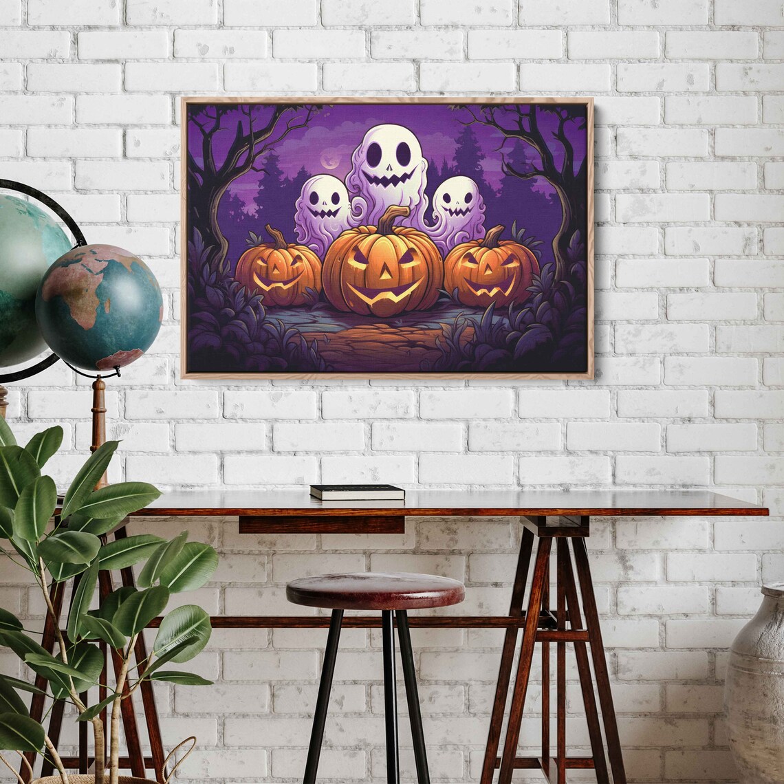 Cute Spooky Ghosts Jack O Lanterns Purple Night Halloween Wall Art - Image 4