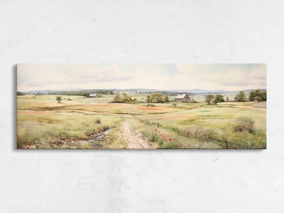 Rustic Countryside Landscape Acrylic Panoramic Painting Reproduction Print On Ready To Hang