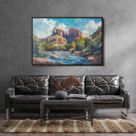 Cathedral Rock Sedona Broad Landscape Wall Art Print Western Painting Canyon Gorge River Bed Red Rocks Ready To Hang