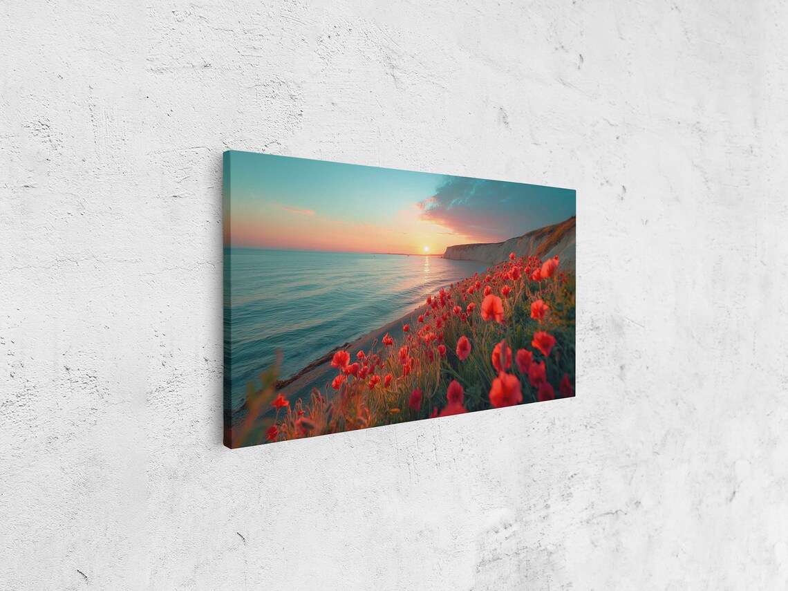 Red Poppy Field Sunset Ocean Cliff Golden Hour Coastal Landscape Poster - Image 4