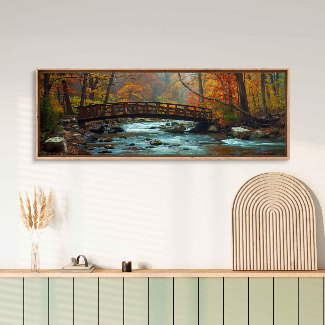 Autumn Forest River Wooden Bridge Fall Foliage Panoramic Poster