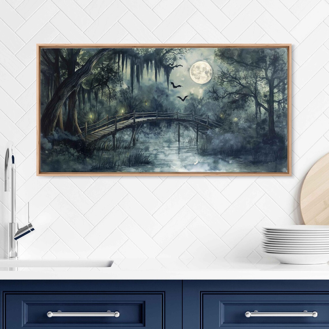Old Wooden Bridge Moonlit Misty Swamp Foggy Night Halloween Print - Image 3