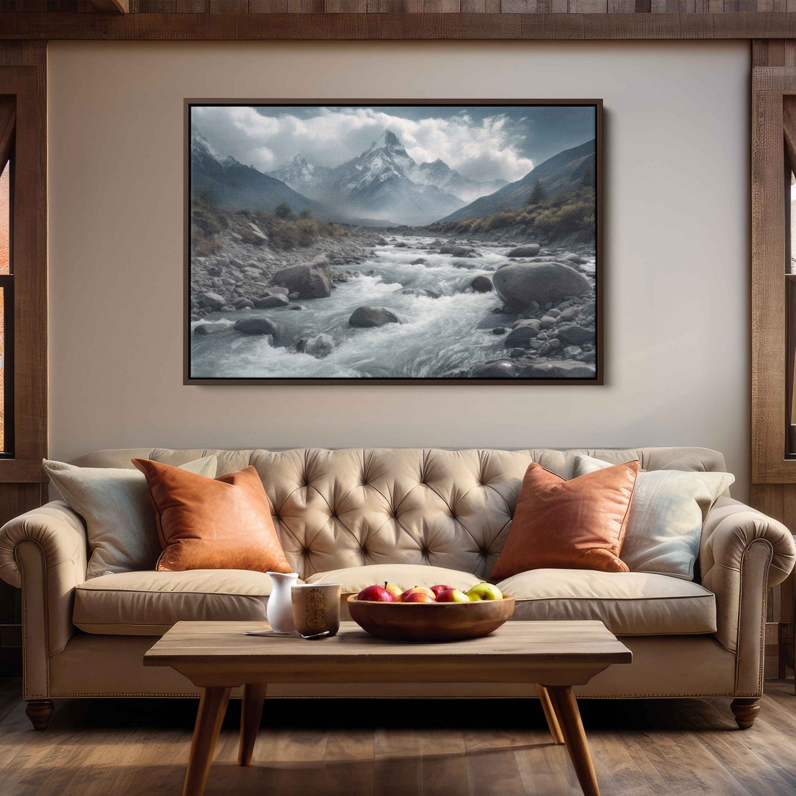 Rocky Mountain River White Water Rapids Snowy Peaks Cloudy Sky Poster - Image 2