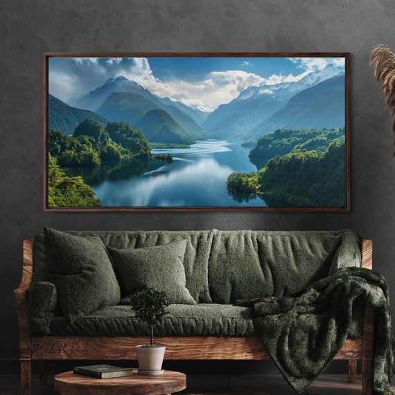 Tranquil Photo Of Forest With Lake Lush Greenery Snowy Mountain Range Cloudy Blue Sky Wall Art Print Ready To Hang