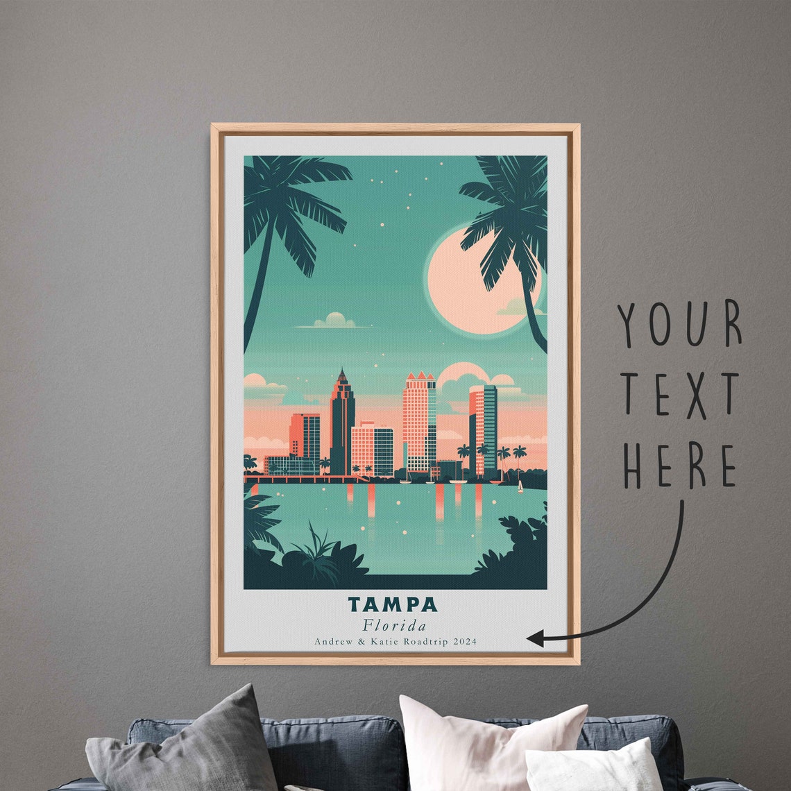 Tampa Florida Skyline Bay Moon Palm Trees Night Travel Poster - Image 3