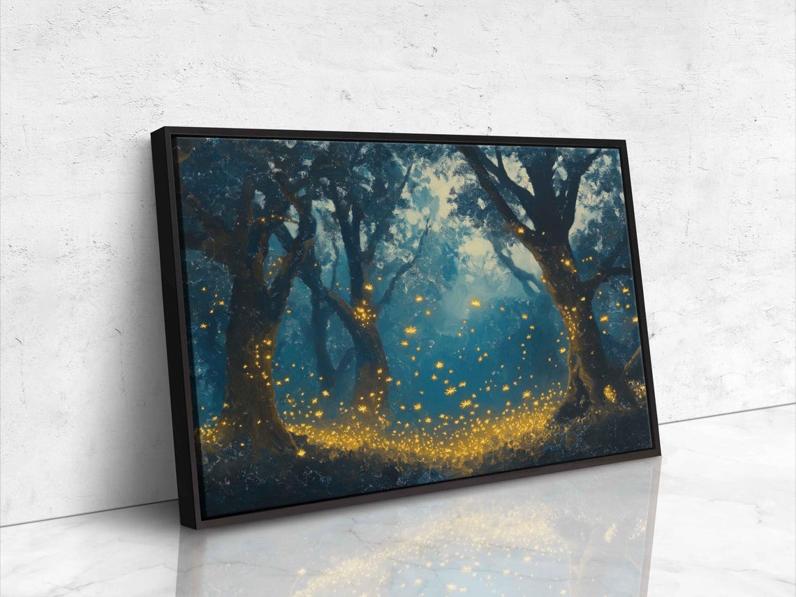Moonlit Forest Glade With Golden Firefly Path Between Old Trees Poster - Image 4