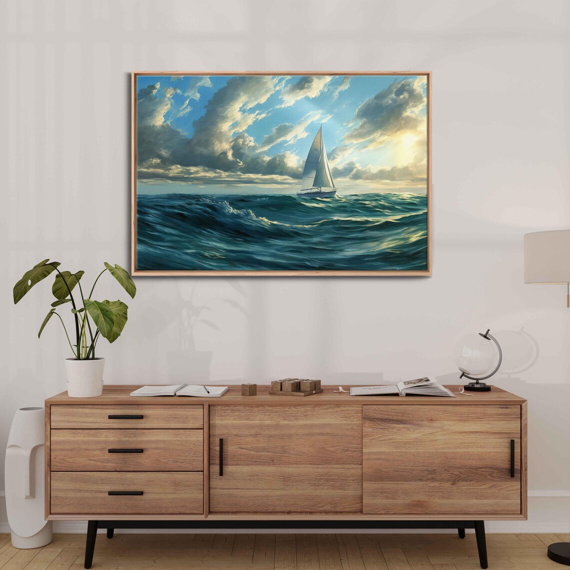 Sailboat Riding Crashing Turquoise Waves Golden Sky Oil Poster - Image 3