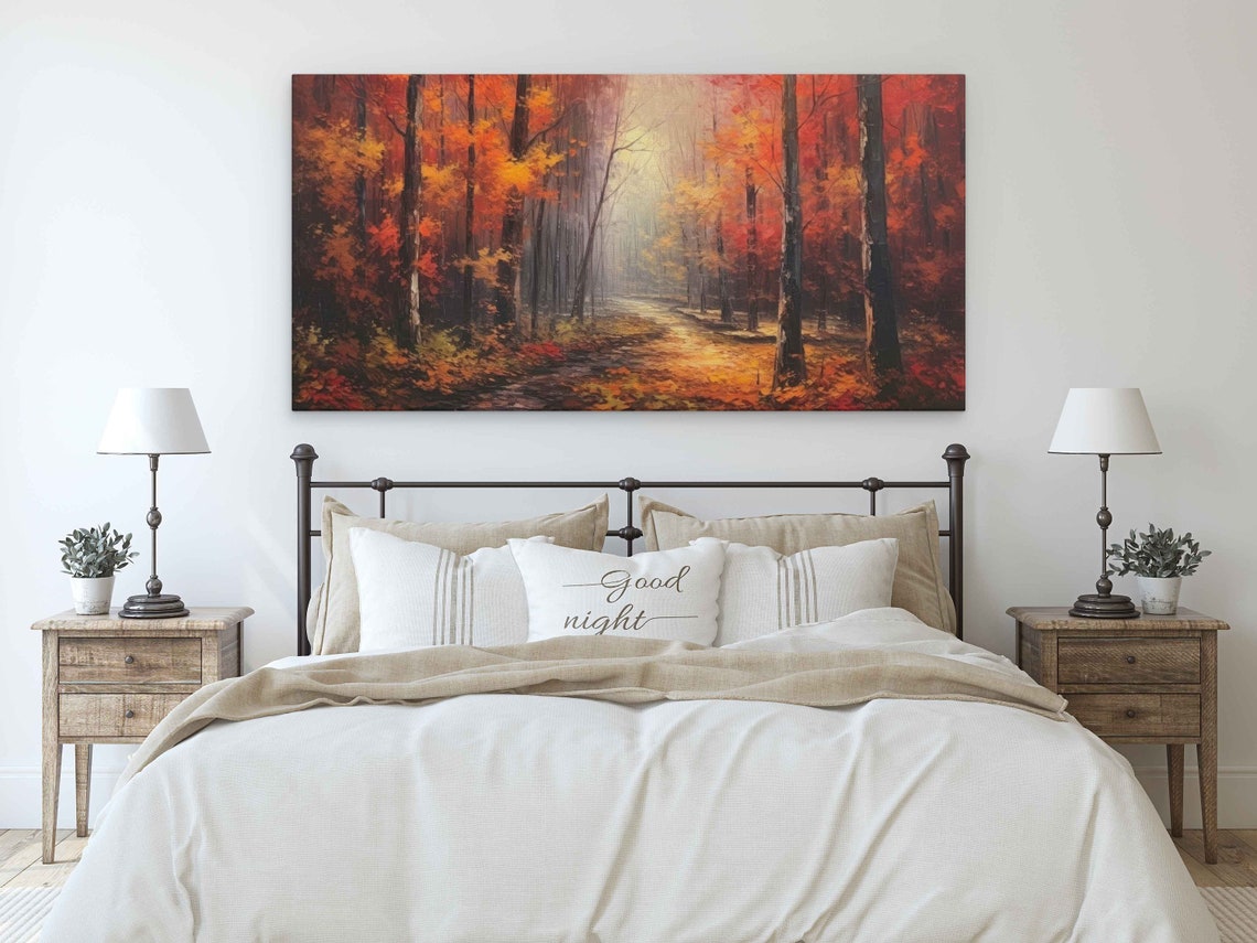 Misty Autumn Forest Path Red Orange Foliage Oil Painting Wall Poster - Image 3