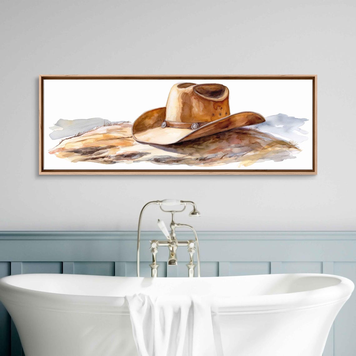 Watercolor Cowboy Hat Rustic Tan Brown Panoramic Wall Poster - Image 3