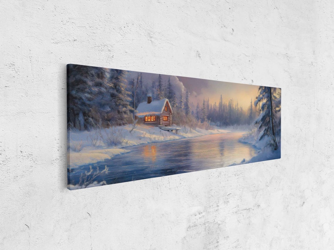 Snowy Winter Cabin Frozen Pond Pine Forest Sunset Glow Painting Poster - Image 4