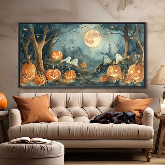 Enchanted Pumpkin Patch With Glowing Jack O Lanterns And Friendly Ghosts Print