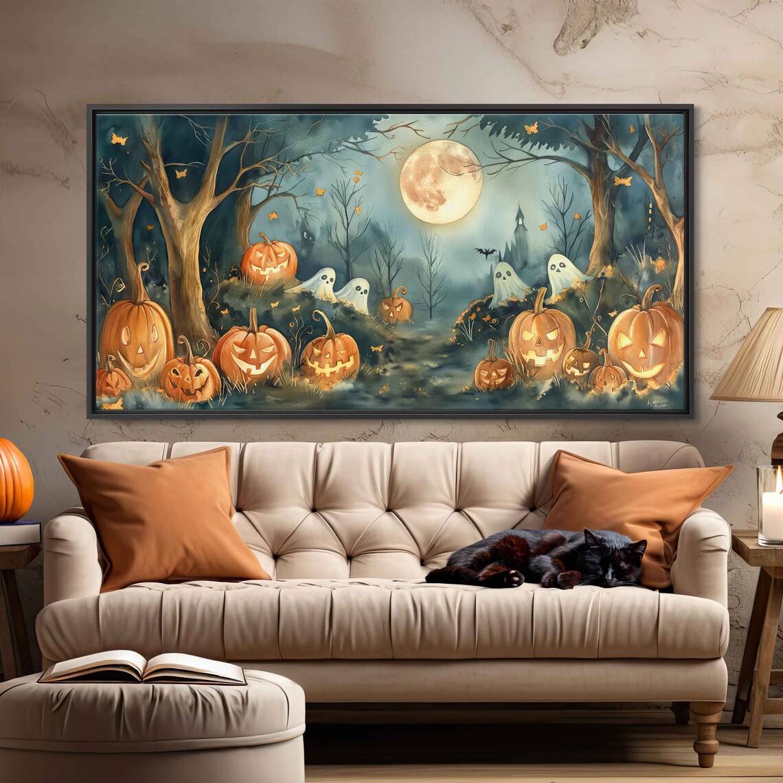 Enchanted Pumpkin Patch With Glowing Jack O Lanterns And Friendly Ghosts Print