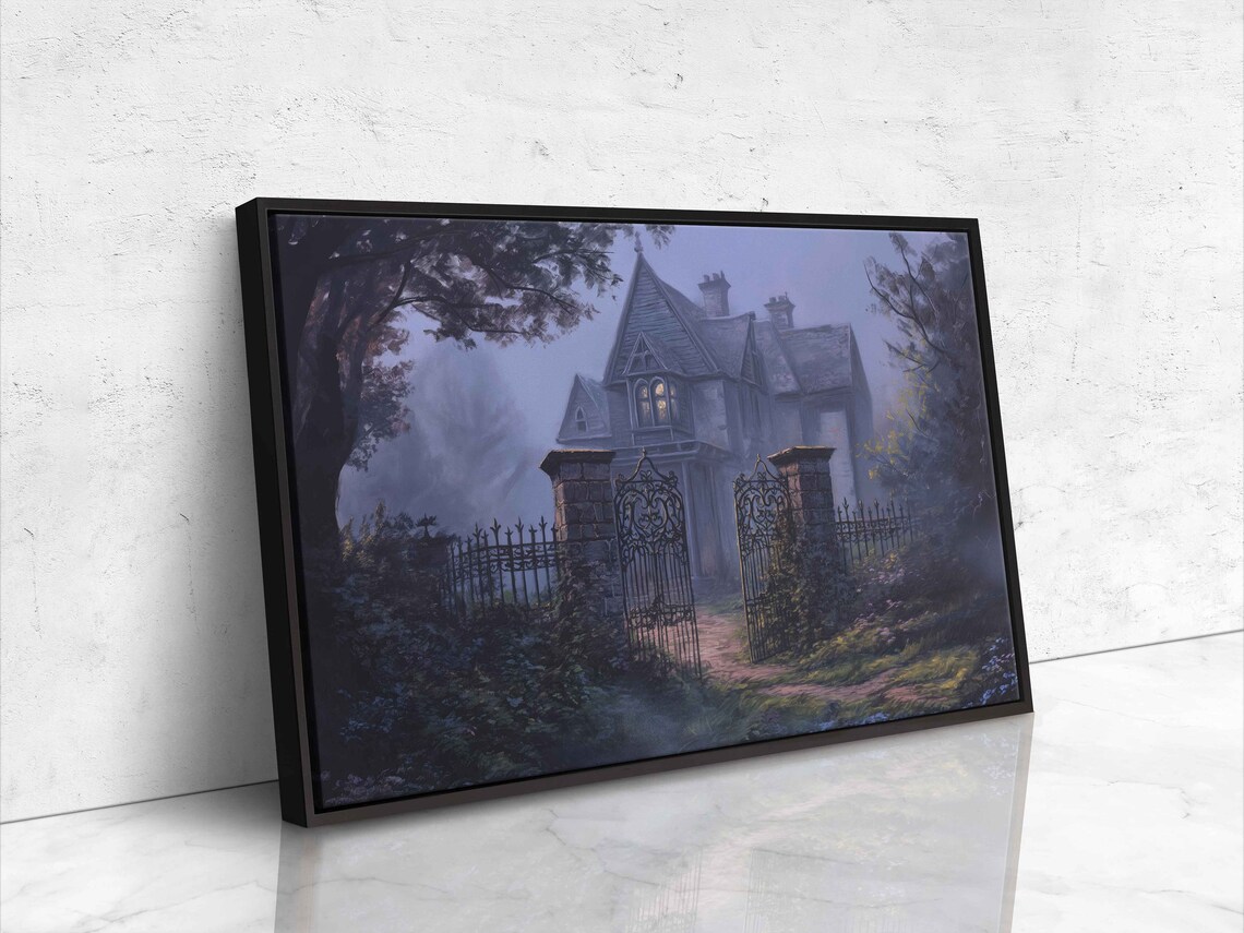 Old Eerie Mansion Behind Iron Gate At Misty Twilight In Overgrown Garden Print - Image 4