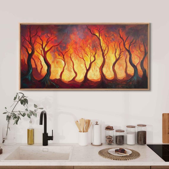 Surreal Forest On Fire Wall Art Print Dreamlike Imagery Bold Colors Oil Painting