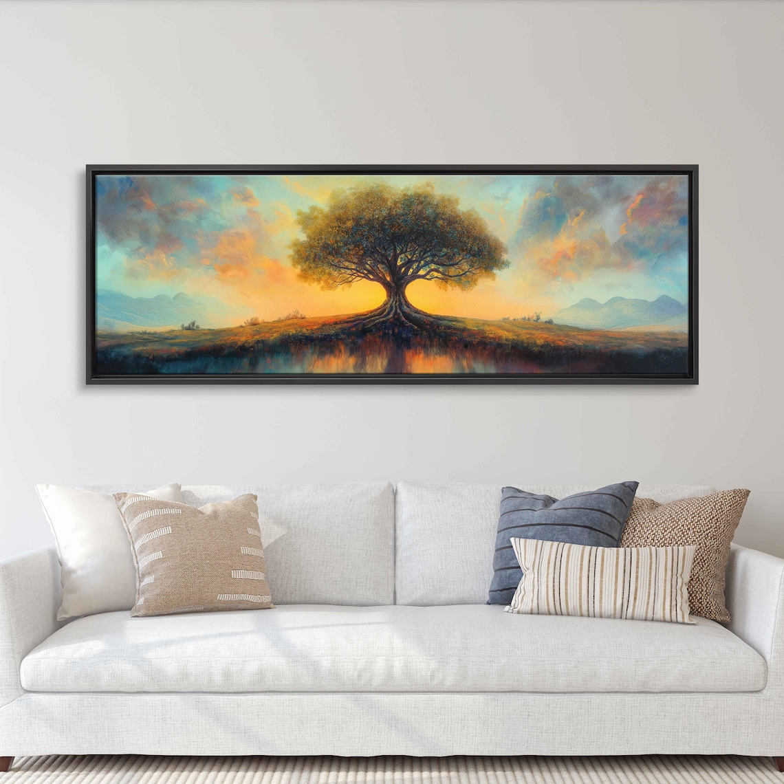 Tree Of Life Sunset Panorama Lone Tree Golden Sky Painting Art Poster