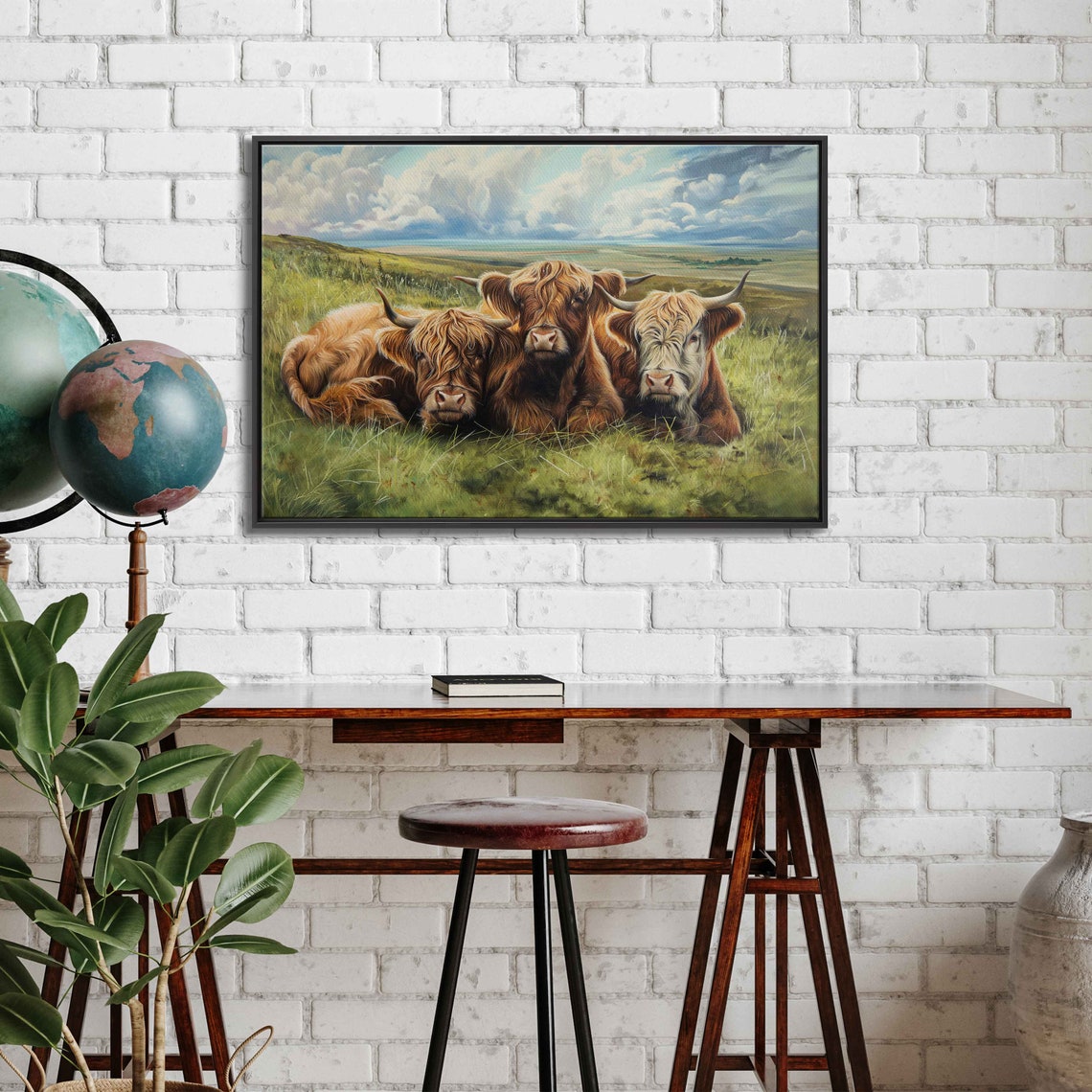 Highland Cows Resting Green Pasture Cloudy Sky Farm Animal Poster - Image 3