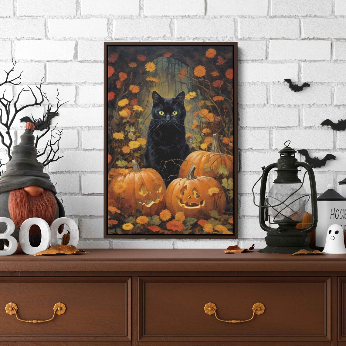 Halloween Black Cat With Pumpkins Autumn Garden Fall Floral Print