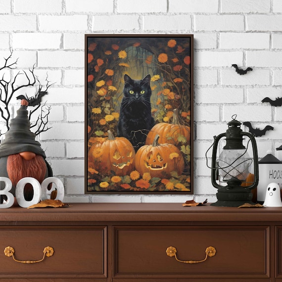 Halloween Black Cat With Pumpkins Autumn Garden Fall Floral Print