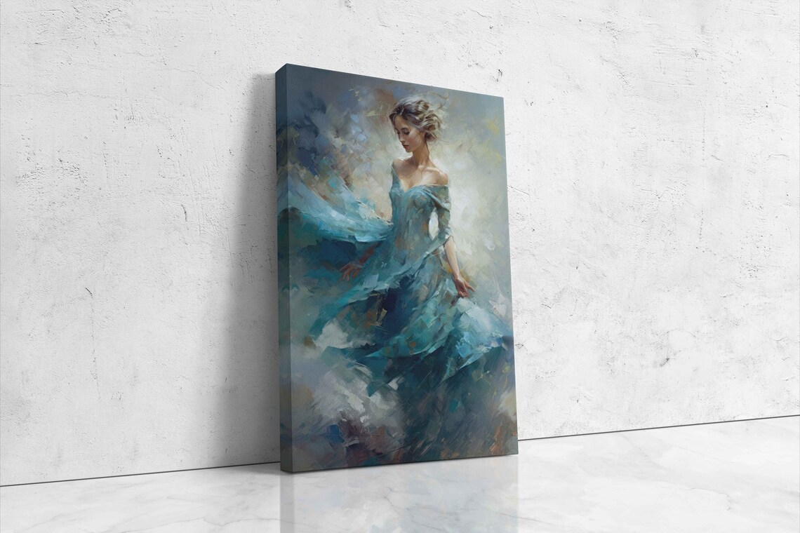 Woman Flowing Blue Dress Painterly Elegant Portrait Art Poster - Image 4