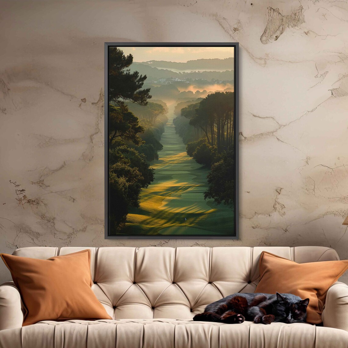 Sunlit Golf Course, Misty Forest Landscape Print - Image 2