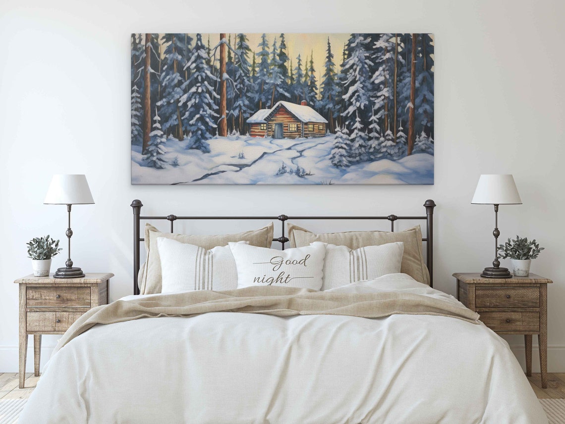 Snowy Log Cabin in Pine Forest Winter Wonderland Landscape Art Print - Image 3