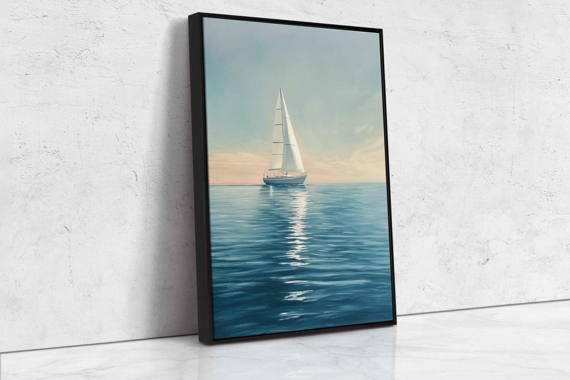 Lone Sailboat On Glassy Calm Sea Under Soft Pastel Sunset Sky Poster - Image 4