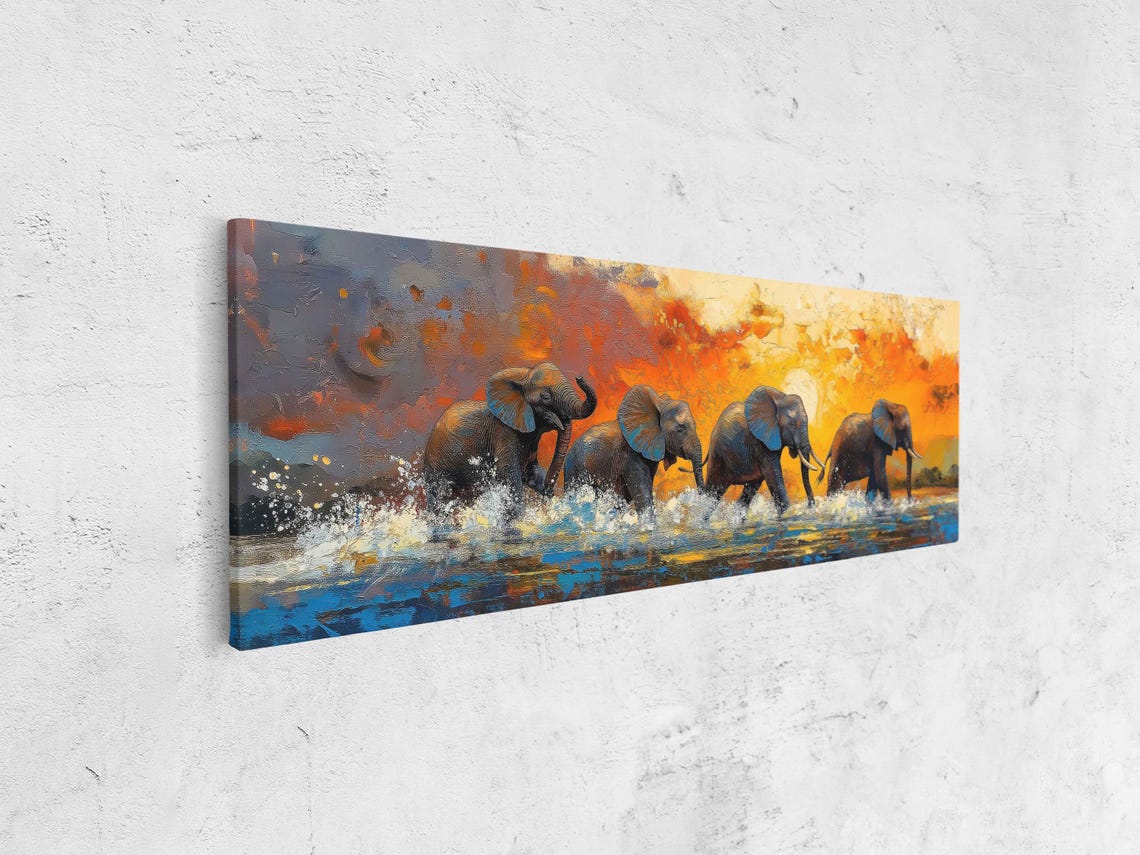 Elephants Crossing River Sunset Splashing Water Joyful Herd Art Poster - Image 4