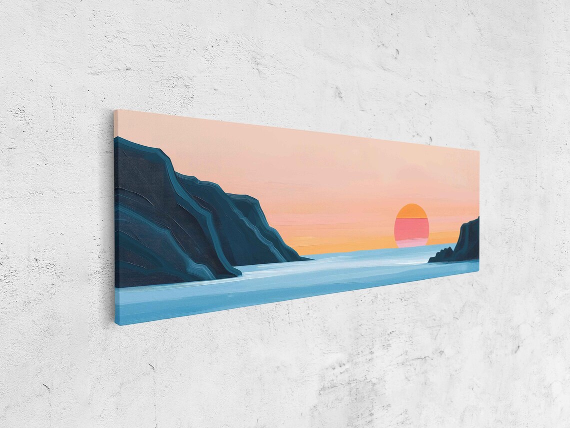 Minimalist Ocean Sunset Panoramic Pink Sun Blue Cliffs Calm Sea Art Poster - Image 4