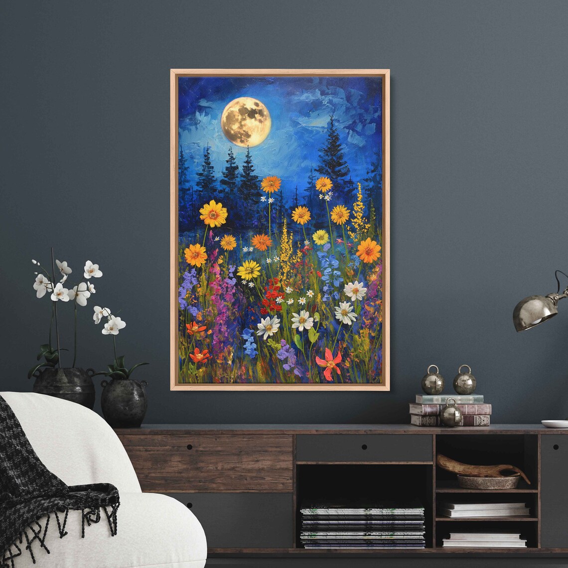 Moonlit Wildflower Meadow Full Moon Blooming Sunflowers Night Sky Poster - Image 3