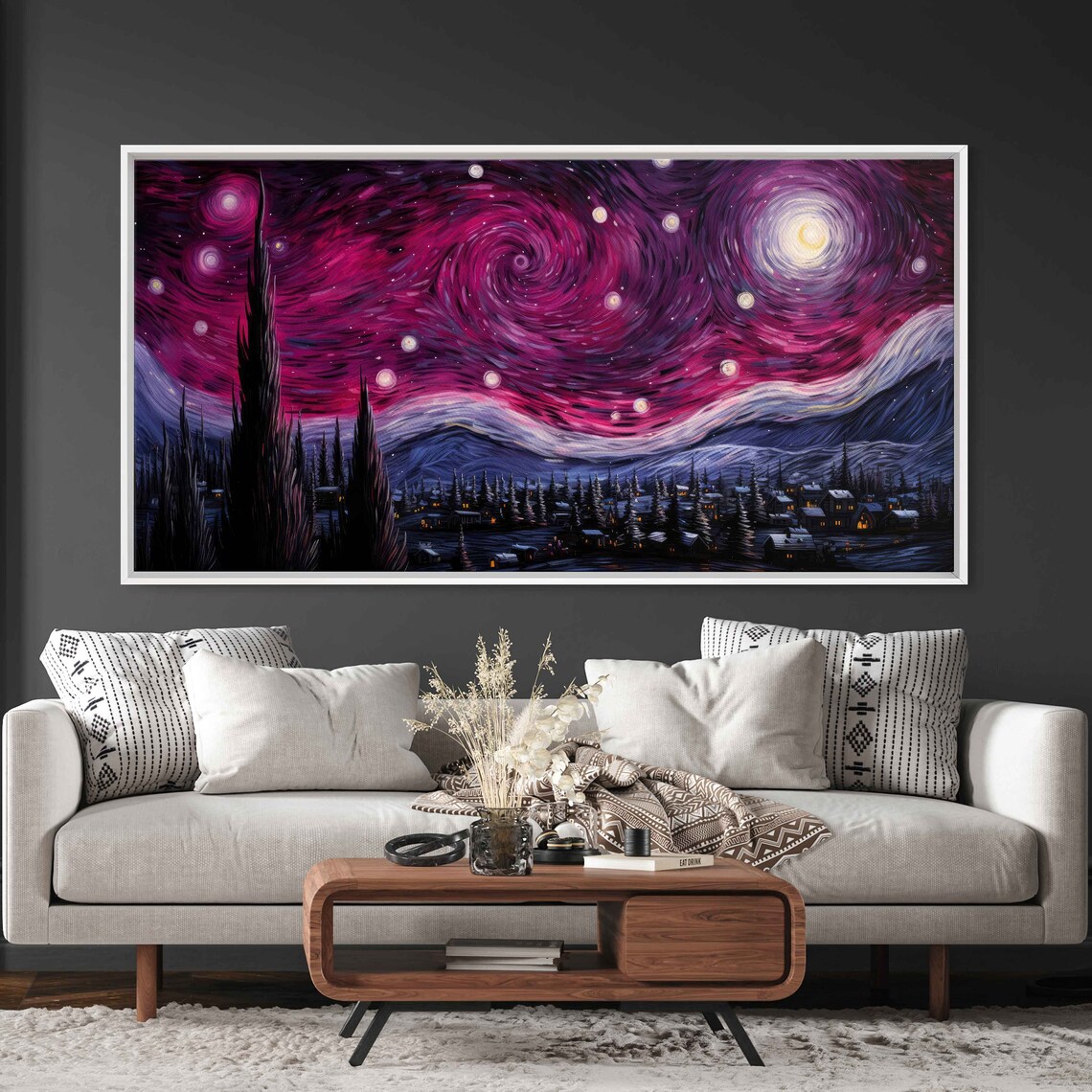 Pink Starry Night Swirling Sky Moon Mountain Town Van Gogh Inspired Art Print