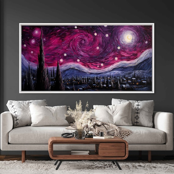 Pink Starry Night Swirling Sky Moon Mountain Town Van Gogh Inspired Art Print