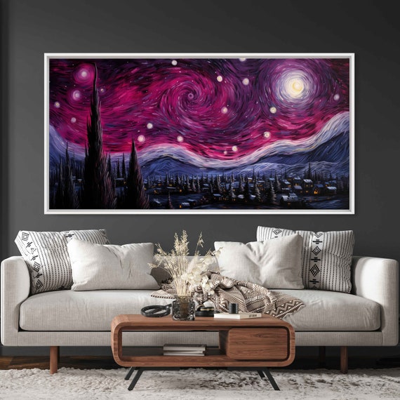 Pink Starry Night Van Gogh Inspired Impressionist Wall Art Print Peaceful Town Ready To Hang