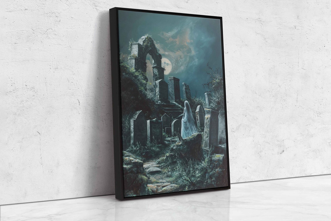 Ghostly Bride In Moonlit Cemetery Ruins Tombstones Spooky Wall Art - Image 4