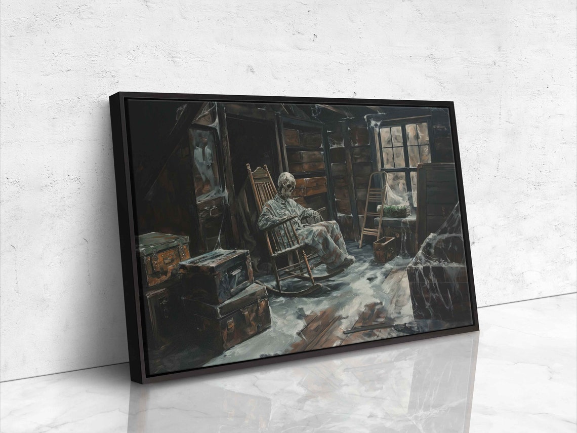 Skeleton Sitting In Rocking Chair Cobwebbed Attic Haunted House Print - Image 4