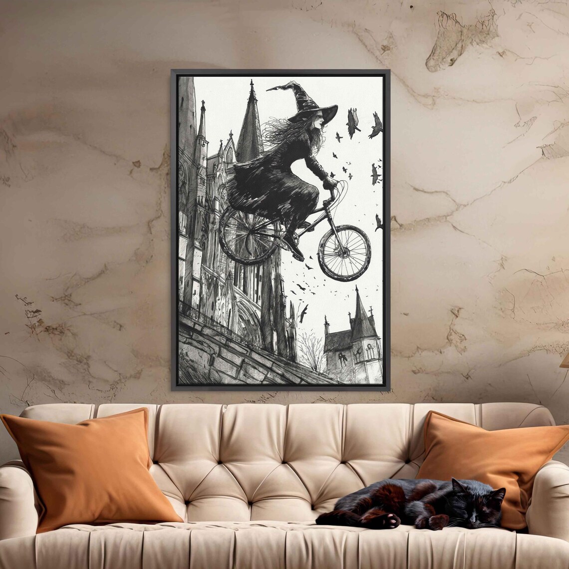 Whimsical Witch Riding Bicycle Past Gothic Cathedral Ink Drawing Halloween Poster - Image 3
